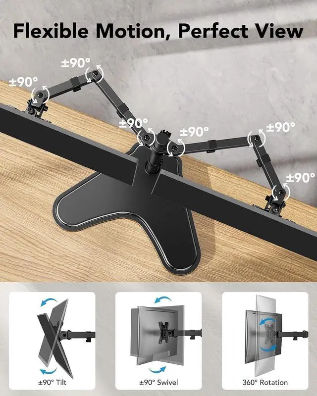 Alt view image 5 of 7 - HUANUO 32 inches Dual Monitor Stand up to 17.6lbs per Arm, High-Grade Aluminum Free-Standing Dual Monitors Mount for 2 Screens. Fully Adjustable Dual Monitor Stand for Desk with Tilt, Swivel, Rotation