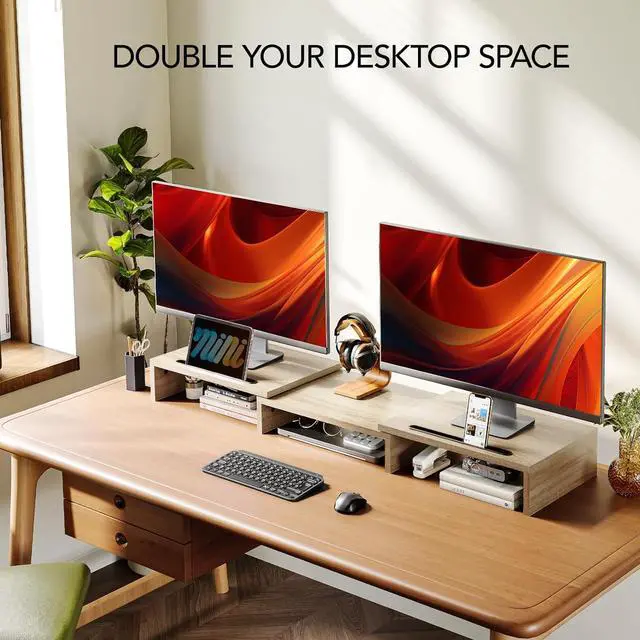 Alt view image 2 of 7 - AMERIERGO Dual Monitor Stand Riser- 3 Shelf Screen Stand with Adjustable Length and Angle, 2 Extra Functional Slot Desktop Organizer Stand for PC, Computer, Laptop (Light Wood)