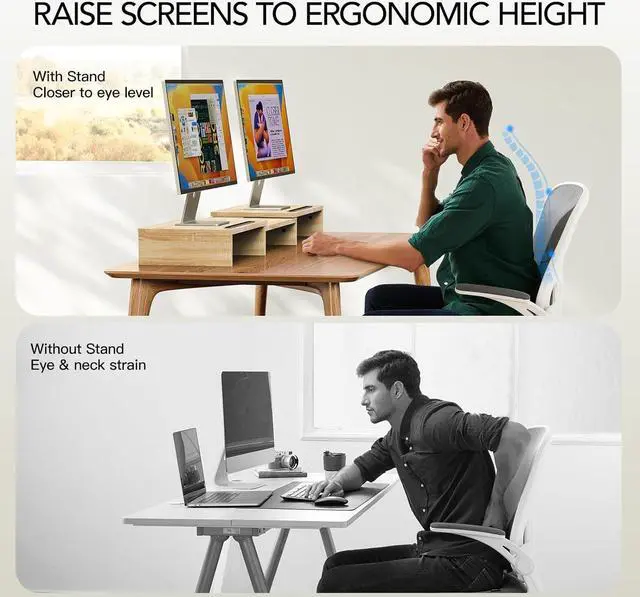 Alt view image 3 of 7 - AMERIERGO Dual Monitor Stand Riser- 3 Shelf Screen Stand with Adjustable Length and Angle, 2 Extra Functional Slot Desktop Organizer Stand for PC, Computer, Laptop (Light Wood)
