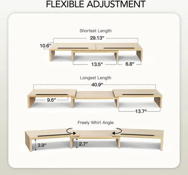 Alt view image 6 of 7 - AMERIERGO Dual Monitor Stand Riser- 3 Shelf Screen Stand with Adjustable Length and Angle, 2 Extra Functional Slot Desktop Organizer Stand for PC, Computer, Laptop (Light Wood)