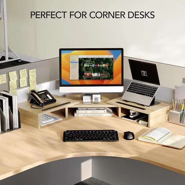 Alt view image 7 of 7 - AMERIERGO Dual Monitor Stand Riser- 3 Shelf Screen Stand with Adjustable Length and Angle, 2 Extra Functional Slot Desktop Organizer Stand for PC, Computer, Laptop (Light Wood)
