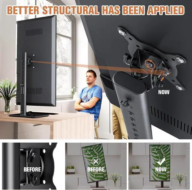 Alt view image 2 of 7 - Single Monitor Stand Freestanding 27-43 Inch Monitor Arm Curved Screen Monitor Mount Tempered Glass Base Adjustable Motion Tilt -15° to 10° Swivel ±45° Rotation 360° Weight Capacity 77lbs HT05B-003