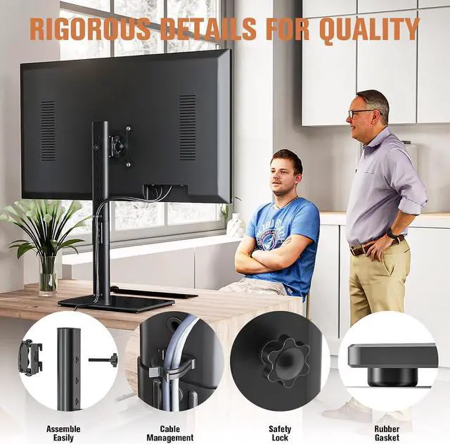 Alt view image 4 of 7 - Single Monitor Stand Freestanding 27-43 Inch Monitor Arm Curved Screen Monitor Mount Tempered Glass Base Adjustable Motion Tilt -15° to 10° Swivel ±45° Rotation 360° Weight Capacity 77lbs HT05B-003
