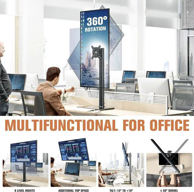 Alt view image 3 of 7 - Single Monitor Stand Freestanding 27-43 Inch Monitor Arm Curved Screen Monitor Mount Tempered Glass Base Adjustable Motion Tilt -15° to 10° Swivel ±45° Rotation 360° Weight Capacity 77lbs HT05B-003