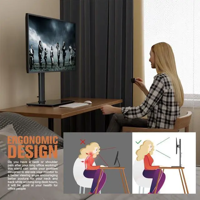 Alt view image 5 of 7 - Single Monitor Stand Freestanding 27-43 Inch Monitor Arm Curved Screen Monitor Mount Tempered Glass Base Adjustable Motion Tilt -15° to 10° Swivel ±45° Rotation 360° Weight Capacity 77lbs HT05B-003