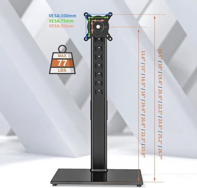 Alt view image 6 of 7 - Single Monitor Stand Freestanding 27-43 Inch Monitor Arm Curved Screen Monitor Mount Tempered Glass Base Adjustable Motion Tilt -15° to 10° Swivel ±45° Rotation 360° Weight Capacity 77lbs HT05B-003