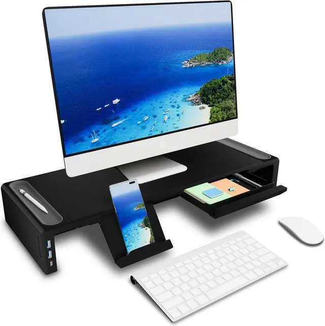 Alt view image 4 of 7 - OImaster Monitor Stand Riser, Foldable Computer Monitor Riser, Adjustable Length Computer Stand and Storage Drawer & Pen Slot, Phone Stand Compatible Computer, Desktop, Laptop, Save Space (Black)