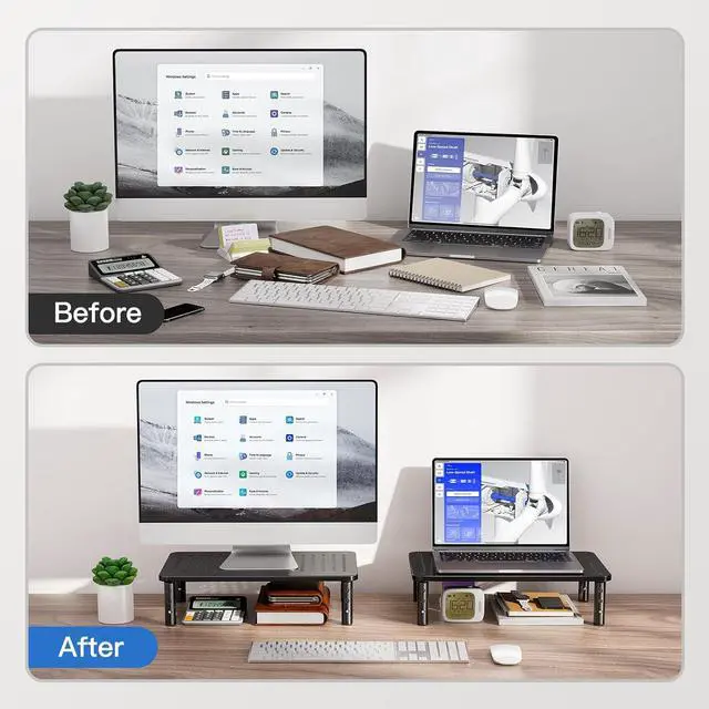 Alt view image 5 of 7 - HUANUO Monitor Stand for Desk, Computer Monitor Stand Height Adjustable, Monitor Riser for 2 Monitors, Laptop Stand for Desk, 2 Pack, Black