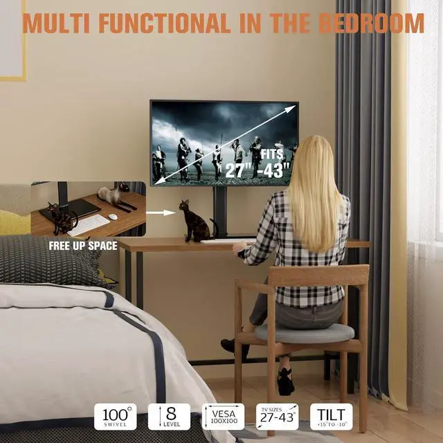 Alt view image 7 of 7 - Single Monitor Stand Freestanding 27-43 Inch Monitor Arm Curved Screen Monitor Mount Tempered Glass Base Adjustable Motion Tilt -15° to 10° Swivel ±45° Rotation 360° Weight Capacity 77lbs HT05B-003
