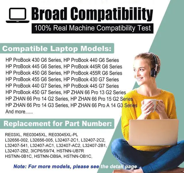 Alt view image 5 of 7 - RE03XL L32656-005 Laptop Battery Replacement for HP ProBook 450 G6 450 G7 440 G6 430 445 455R G6 430 440 445 G7 Serie for hp probook 450 g6 Battery