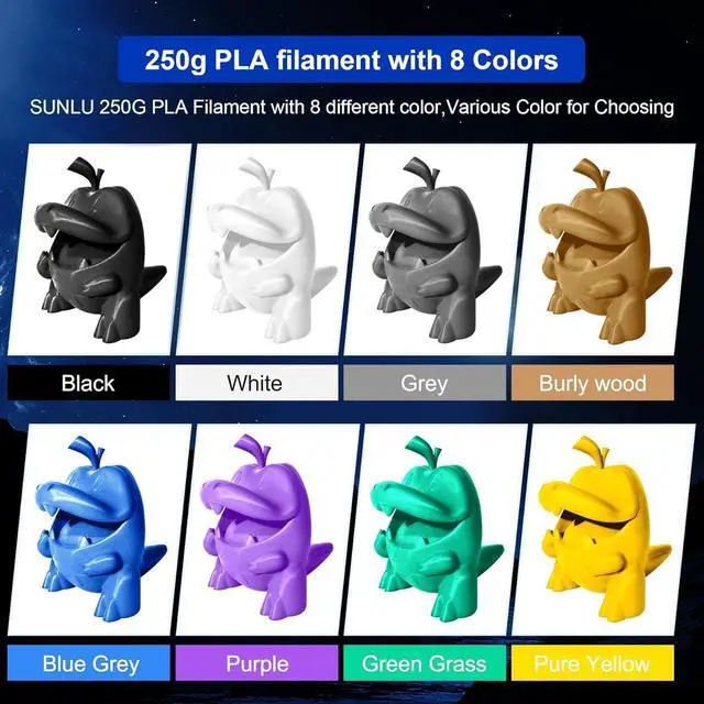 Alt view image 2 of 7 - SUNLU 3D Printer Filament, Neatly Wound 250G Spool PLA Filament Bundle, 1.75mm PLA Filament Muticolor, High Compatiblity, 8 Rolls, Black+White+Grey+Burlywood+Purple+Bluegrey+GrassGreen+PureYellow