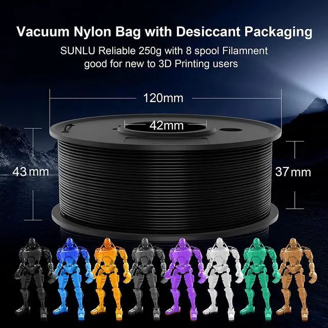 Alt view image 4 of 7 - SUNLU 3D Printer Filament, Neatly Wound 250G Spool PLA Filament Bundle, 1.75mm PLA Filament Muticolor, High Compatiblity, 8 Rolls, Black+White+Grey+Burlywood+Purple+Bluegrey+GrassGreen+PureYellow