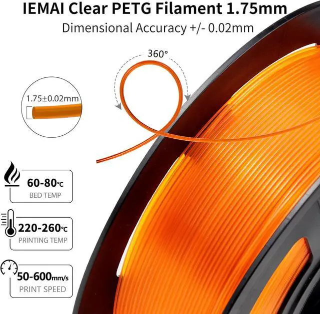 Alt view image 3 of 7 - Clear PETG Filament 1.75mm, High Speed 3D Printer Filament Clear Filament for 50-600mm/s, High Light Transmittance Filament, Orange Transparent PETG Filament 1kg(2.2lbs) Spool
