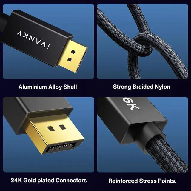 Alt view image 4 of 5 - IVANKY 16K Displayport Cable 15ft, DP 2.1 Cable [16K@60Hz, 8K@120Hz, 4K@240Hz/165Hz/144Hz], DisplayPort Cable 2.1 Support HDR, HDCP 2.2, 3D, ARC, Compatible with Gaming Monitor, TV and More (15ft)
