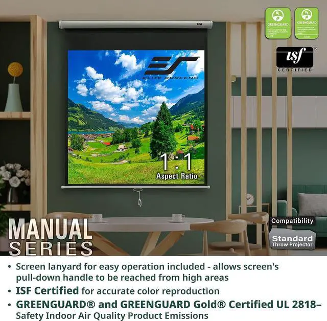 Alt view image 5 of 7 - Elite Screens Manual Series, 71-INCH 1:1, Pull Down Manual Projector Screen with AUTO LOCK, Movie Home Theater 8K / 4K Ultra HD 3D Ready, 2-YEAR WARRANTY, M71XWS1