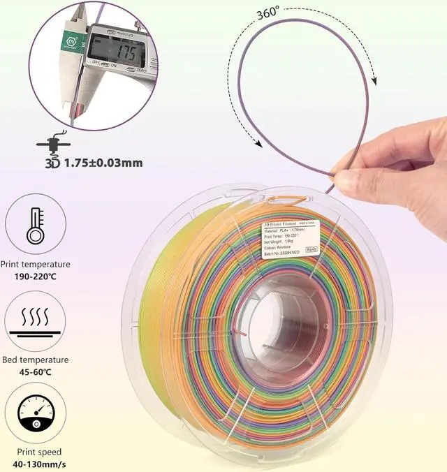 Alt view image 5 of 7 - PLA+ 3D Printer Filament, Pla Filament 1.75mm Rainbow PLA, Color Change Filament Dimensional Accuracy +/- 0.03 mm,1 KG Spool