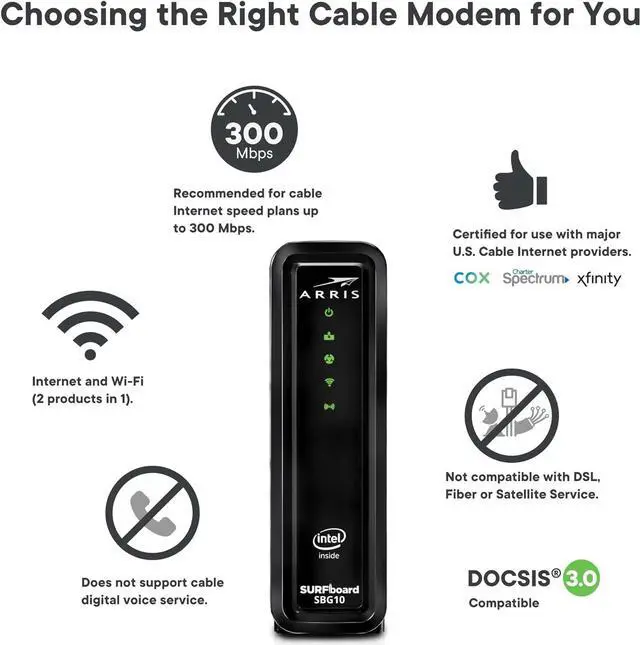 Alt view image 2 of 6 - ARRIS (SBG10) - Cable Modem Router Combo - Fast DOCSIS 3.0 16 x 4 Gigabit & AC1600 WiFi, For Comcast Xfinity, Cox, [Does not work with Spectrum], 400 Mbps Max Internet Speeds
