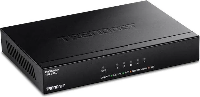 Main image of TRENDnet 5-Port Unmanaged 2.5G Gaming Switch, 5 x 2.5GBASE-T Ports, 25Gbps Switching Capacity, Backwards Compatible with 1000Mbps Devices, Fanless, Wall Mountable, Lifetime Protection, Black,TEG-S350