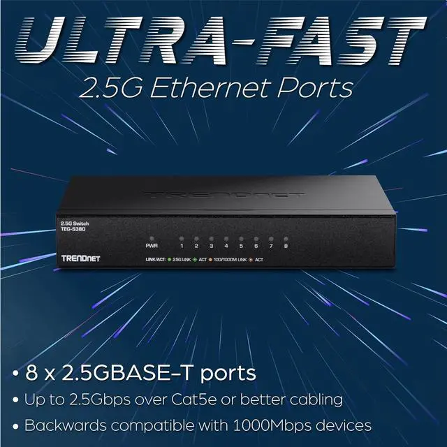 Alt view image 4 of 7 - TRENDnet 8-Port 2.5Gb Multi-Gigabit Unmanaged Gaming Switch, TEG-S380, 8 x 2.5GBASE-T Ports, 25Gbps Switching Capacity, Ethernet Splitter, NDAA & TAA Compliant, Fanless, Lifetime Protection, Black