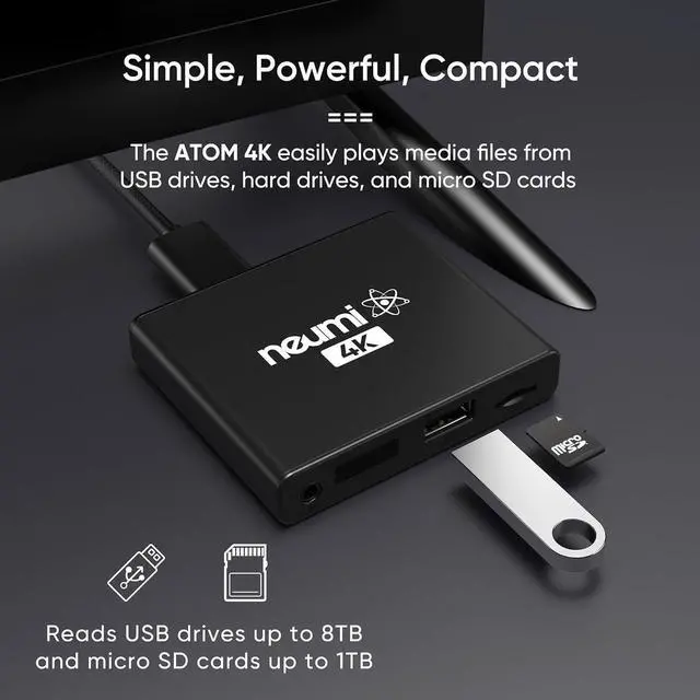 Alt view image 2 of 7 - NEUMI Atom 4K Ultra-HD Digital Media Player for USB Drives and SD Cards - Plays 4K/UHD 60fps Videos, HEVC/H.265, HDMI and Analog AV, Automatic Playback and Looping Capability