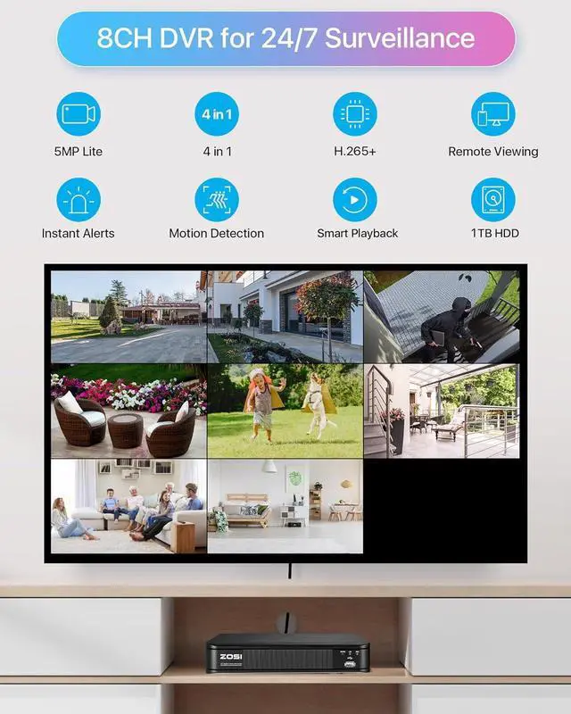 Alt view image 5 of 7 - ZOSI H.265+ Home Security Camera System with AI Human Vehicle Detection, 5MP 3K Lite 8 Channel CCTV DVR Recorder and 8 x 1080p Weatherproof Bullet Camera Outdoor Indoor, 80ft Night Vision, 1TB HDD