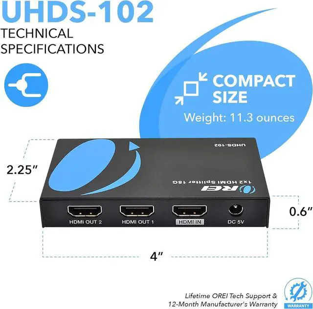 Alt view image 6 of 7 - UltraHD 4K @ 60 Hz 1 X 2 HDMI Splitter 1 in 2 Out 2 Port 2: 8-Bit - HDMI 2.0, HDCP 2.0, 18 Gbps, EDID, Duplicate / Mirror 4K Screens - UHDS-102