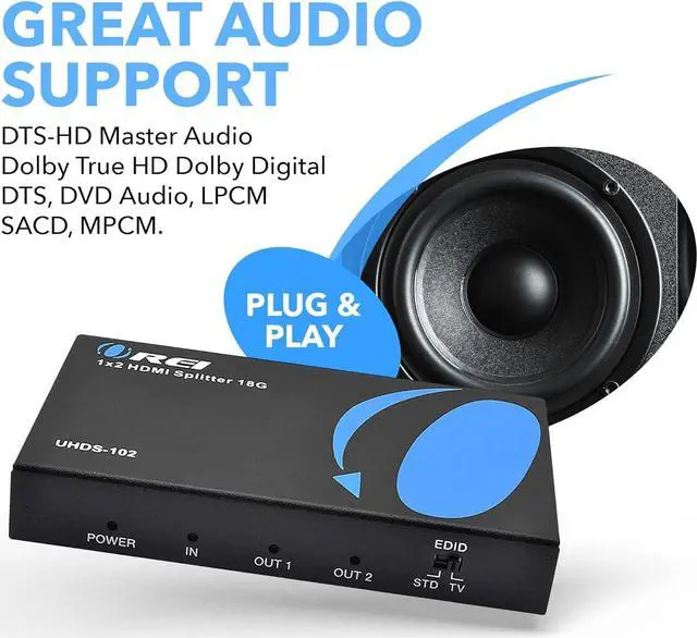 Alt view image 7 of 7 - UltraHD 4K @ 60 Hz 1 X 2 HDMI Splitter 1 in 2 Out 2 Port 2: 8-Bit - HDMI 2.0, HDCP 2.0, 18 Gbps, EDID, Duplicate / Mirror 4K Screens - UHDS-102