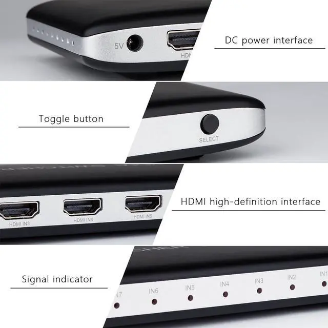 Alt view image 4 of 6 - Univivi 7 Port HDMI Switch Version 2.0 4K@60Hz HDMI Switcher Support HDR & HDCP 2.2, Full HD/3D with IR Wireless Remote Control and Power Adapter