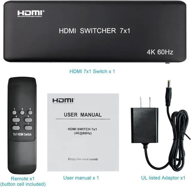 Alt view image 6 of 6 - Univivi 7 Port HDMI Switch Version 2.0 4K@60Hz HDMI Switcher Support HDR & HDCP 2.2, Full HD/3D with IR Wireless Remote Control and Power Adapter