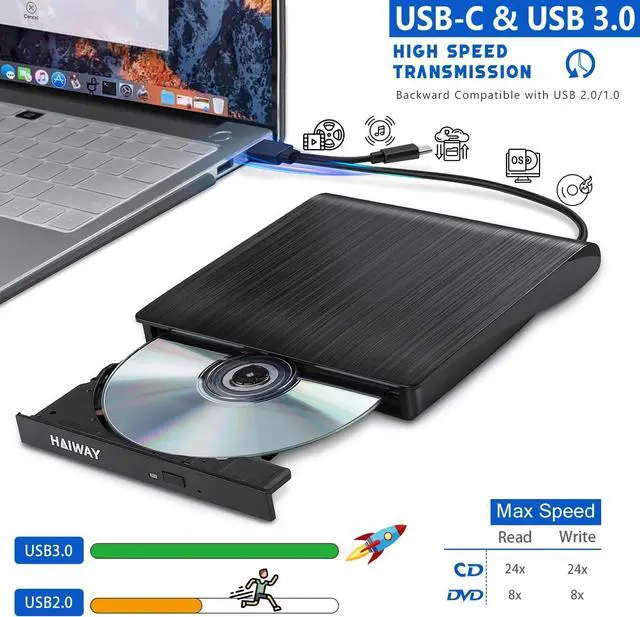 Alt view image 2 of 7 - External DVD Drive, USB 3.0 Type-C CD Burner Portable CD DVD +/-RW Optical Drive Slim CD DVD ROM Rewriter CD/DVD Player Writer Reader for Laptop Desktop MacBook PC Windows Linux Mac OS (Black)