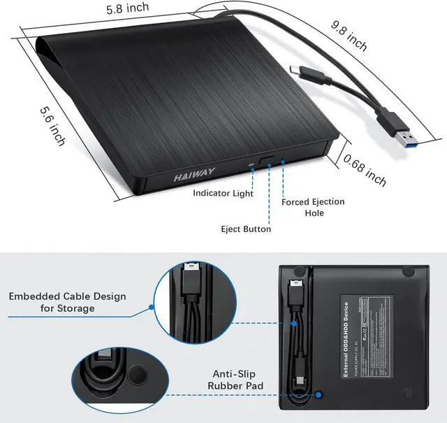 Alt view image 6 of 7 - External DVD Drive, USB 3.0 Type-C CD Burner Portable CD DVD +/-RW Optical Drive Slim CD DVD ROM Rewriter CD/DVD Player Writer Reader for Laptop Desktop MacBook PC Windows Linux Mac OS (Black)