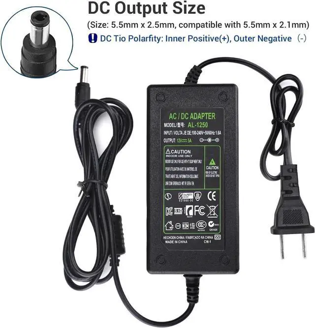Alt view image 4 of 6 - DC 12V 5A Power Supply Adapter, US Plug, 4.6FT Power Cord, AC 100-240V to DC 12V 5A Switching Transformer Jack 5.5mm x 2.5mm for LED Strip, Light, Cameras CCTV