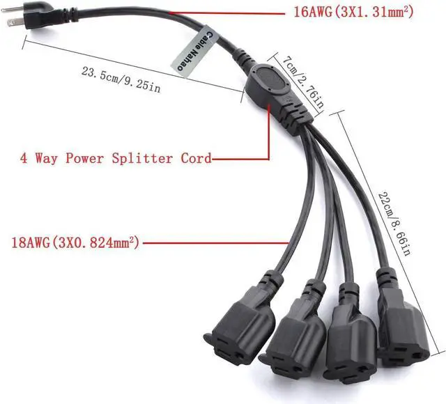 Alt view image 3 of 6 - 3 Prong 1 to 4 Outlet Power Cord Splitter Cord,Indoor Outdoor Cable Strip Outlet Saver,Power Extension Cable,SJT 16AWG,UL Approved for Computer, LED Stage Light(20 Inch, Black)