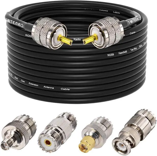 Main image of Ham Radio Coax Cable 50 Ohm,RG58 Coaxial Cable 49.2Ft,UHF PL259 Male to Male Cable + UHF SO239 Female to SMA/UHF/BNC Adapter 4-Pack,for CB,Amateur,Ham Radio,Two-Way Radio,SWR Meter