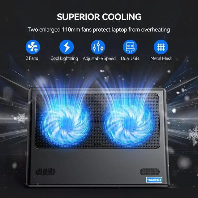 Alt view image 2 of 7 - TECKNET Laptop Cooling Pad, 12"-15.6" Laptop Cooler, Gaming Cooling Pad Stand, Wind Speed Adjustable, 2 USB Powered Fans Cooling Pad for Laptop Within 16 Inch (Blue)