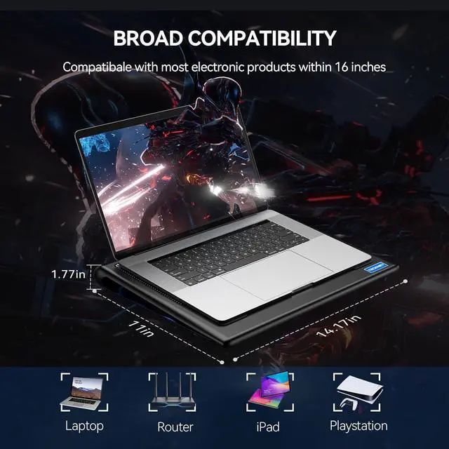Alt view image 5 of 7 - TECKNET Laptop Cooling Pad, 12"-15.6" Laptop Cooler, Gaming Cooling Pad Stand, Wind Speed Adjustable, 2 USB Powered Fans Cooling Pad for Laptop Within 16 Inch (Blue)