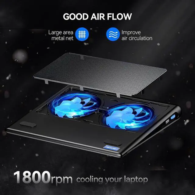 Alt view image 6 of 7 - TECKNET Laptop Cooling Pad, 12"-15.6" Laptop Cooler, Gaming Cooling Pad Stand, Wind Speed Adjustable, 2 USB Powered Fans Cooling Pad for Laptop Within 16 Inch (Blue)