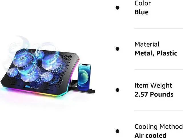 Alt view image 7 of 7 - KeiBn Upgarde Laptop Cooling Pad, RGB Lights Laptop Cooler 6 Fans for 15.6-17.3 Inch Laptops, 7 Height Stands, 10 Modes Light, 2 USB Ports, Desk or Lap Use (A8,Blue)