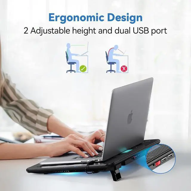 Alt view image 4 of 7 - TECKNET Laptop Cooling Pad, Portable Slim Quiet USB Powered Laptop Notebook Cooler Cooling Pad Stand Chill Mat with 3 Blue LED Fans, Fits 12-17 Inches (Black)
