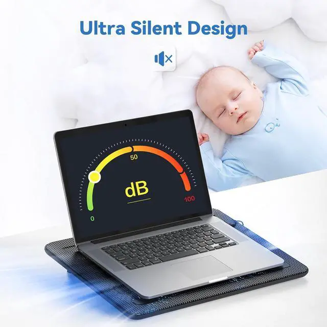 Alt view image 5 of 7 - TECKNET Laptop Cooling Pad, Portable Slim Quiet USB Powered Laptop Notebook Cooler Cooling Pad Stand Chill Mat with 3 Blue LED Fans, Fits 12-17 Inches (Black)