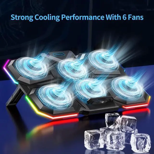 Alt view image 2 of 7 - LIANGSTAR Laptop Cooling Pad Gaming Laptop Cooler, Laptop Fan Cooling Stand with 6 Quiet Fans for 15.6-17.3 Inch, 7 Height Adjust, RGB LED Light 4 Modes, Switch Control Fan Speed, 2 USB Port, 2023 New