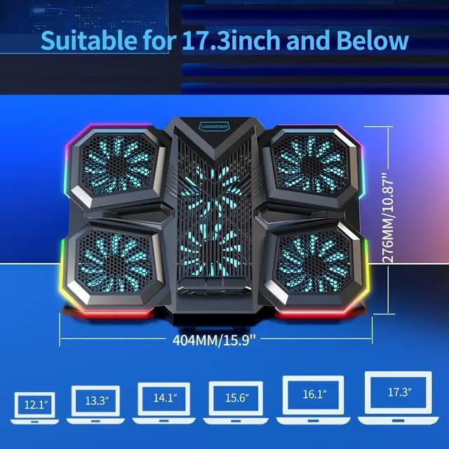 Alt view image 5 of 7 - LIANGSTAR Laptop Cooling Pad Gaming Laptop Cooler, Laptop Fan Cooling Stand with 6 Quiet Fans for 15.6-17.3 Inch, 7 Height Adjust, RGB LED Light 4 Modes, Switch Control Fan Speed, 2 USB Port, 2023 New