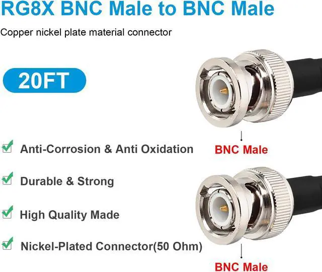 Alt view image 2 of 6 - BNC Male to BNC Male Coaxial Cable 50 ohm RG8X Coax Cable Ultra Low Loss BNC Jumper Cable for Antenna, RF Radio, Modem, Oscilloscope, Spectrum, Analyzer, Signal Generator (20FT)