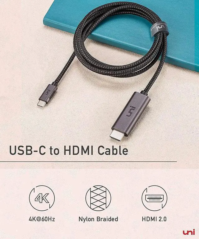 Alt view image 2 of 7 - uni USB C to HDMI Cable for Home Office 3ft 4K@60Hz, USB Type-C to HDMI Braided Cable (Thunderbolt 3/4 Compatible) with MacBook Pro/Air 2023, iPhone 15 Pro/Max, Samsung S23, Chromebook and More