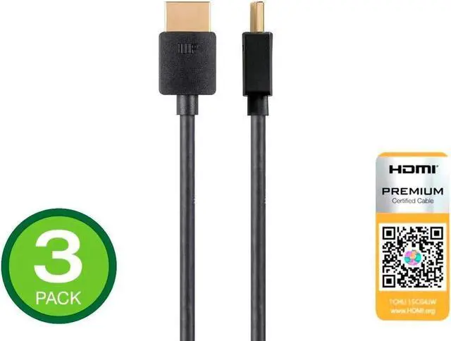 Alt view image 4 of 5 - Monoprice High Speed HDMI Cable - Certified Premium, 4K@60Hz, HDR, 18Gbps, 36AWG, YUV, 4:4:4, 1 Feet, Black - Ultra Slim Series