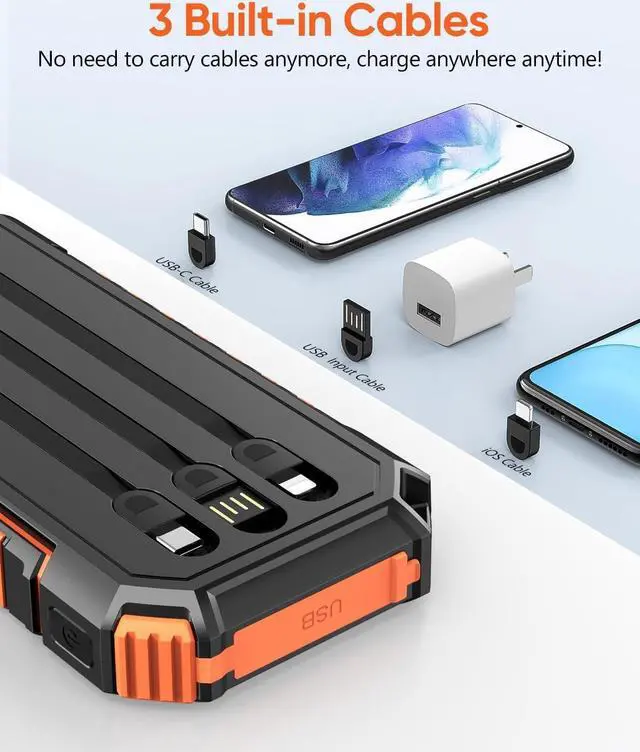 Alt view image 5 of 7 - Riapow Solar Charger Power Bank - 27000mAh Portable Phone Charger with Built-in USB Cables 3.0A Fast Charge Battery Pack, 5 Outputs & 2 Inputs for Smartphone, Tablet
