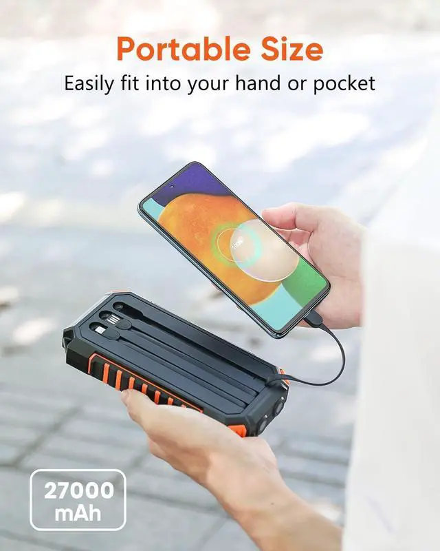 Alt view image 6 of 7 - Riapow Solar Charger Power Bank - 27000mAh Portable Phone Charger with Built-in USB Cables 3.0A Fast Charge Battery Pack, 5 Outputs & 2 Inputs for Smartphone, Tablet