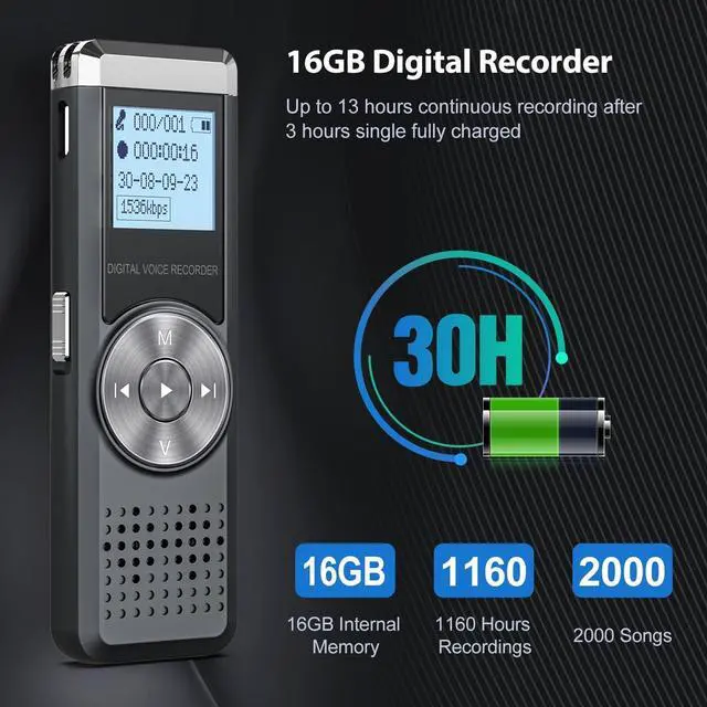 Alt view image 3 of 7 - Digital Voice Recorder, KINPEE 16GB Audio Sound Recorder Portable MP3 Recorder Dictaphone for Meeting Lecture Rechargeable Recording Device Voice Activated Recorder with Playback for Interview