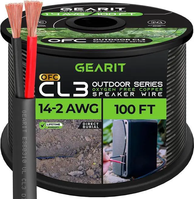 Main image of GearIT 14/2 Speaker Wire (100 Feet) 14AWG Gauge - Outdoor Direct Burial in Ground/in Wall / CL3 CL2 Rated / 2 Conductors - OFC Oxygen-Free Copper, Black 100ft