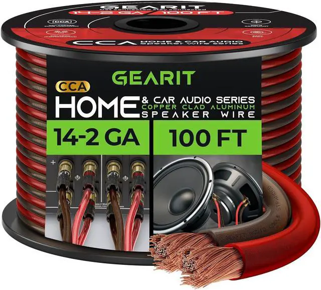 Main image of 14 Gauge Car Speaker Wire, GearIT Pro Series (100 Feet, Soft Touch Translucent Red / Black) Copper Clad Aluminum CCA 14 AWG Automotive Car Speaker Wire for Car Stereo, Car Audio Wiring Kit - 100ft